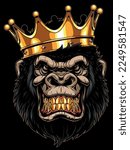 Vector illustration, a gorilla in a crown with gold teeth smirks and laughs, on a black background.