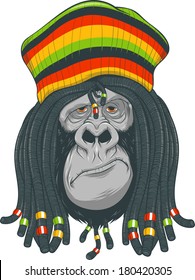 Vector illustration: gorilla with dreadlocks and cap