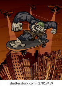 Vector illustration of a gorilla dressed as an urban gangster/criminal jumping over downtown rooftops on his skateboard while evading police helicopters.