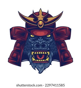 vector illustration of a gorilla head wearing a samurai helmet. Recommendations for clothing t-shirt designs.