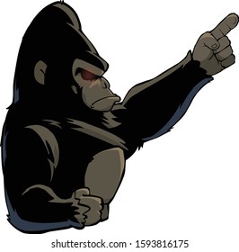 Vector illustration of a gorilla pointing up on white background. Personified gorilla character.
