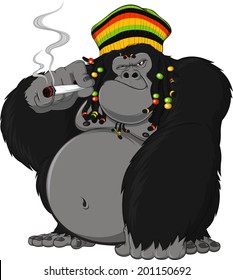 Vector Illustration Of Gorilla Rastafarian Smoking A Cigarette