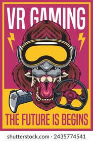 Vector Illustration of Gorilla with VR Glasses, Game Steering Wheel and Joystick with Vintage Hand Drawing Style Available for Poster