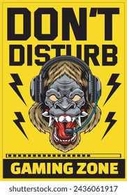 Vector Illustration of Gorilla wearing Headphone with Vintage Hand Drawing Style Available for Poster