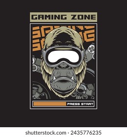 Vector Illustration of Gorilla wearing VR Glasses with Vintage Hand Drawing Style Available for Tshirt Design