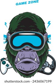 Vector Illustration of Gorilla wearing VR Glasses, Joystick and Game Steering Wheel with Vintage Hand Drawing Style Available for Tshirt Design