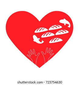 Vector illustration of Gospel story: Feeding the multitude, or the Feeding of the 5,000, with Jesus miracle of the five loaves and two fish. Heart shape, hands, 5 breads and 2 fish. Charity sign.
