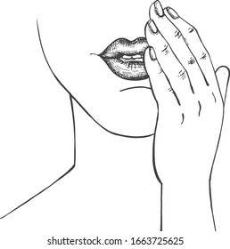 Vector illustration of gossip gesture sign. Girl gossiping, telling secret, talking quietly slightly covering lips with hand. Vintage hand drawn style.