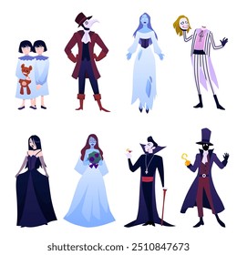 Vector illustration of gothic characters on isolated background. Set includes twin children, singing ghost, vampire, black widow, bride and other Halloween themed figures. Flat style.