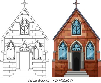 Vector illustration of gothic church facade in colored and outline versions with stained glass windows