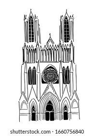 Vector illustration of gothic church with towers and rosette