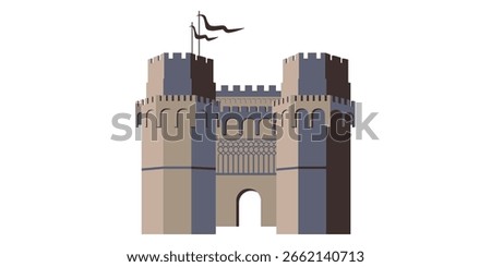 Vector illustration of the Gothic city gate between the Serranos Towers in Valencia, Spain. 14th-century medieval architecture with arched entrance and crenellated towers