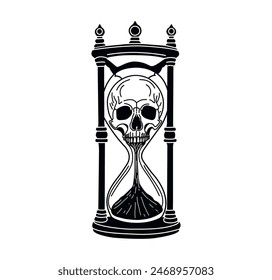 Vector illustration. Gothic clock. Hourglass with skull. Graphic arts. Sand clock. Human skull. Antique item. On a white background. Graphic drawing. Mystical illustration