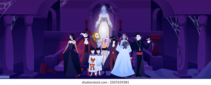 Vector illustration of gothic Halloween characters. Characters such as twin children, a singing ghost, a bride, a vampire, and others are depicted against a backdrop of castle ruins. Flat style.