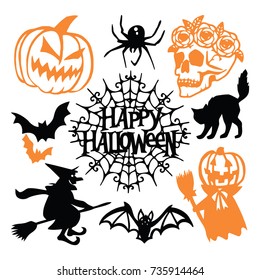 A vector illustration of a gothic halloween paper cut silhouette set. This includes pumpkin, spider, skull with flowers, bats and more.