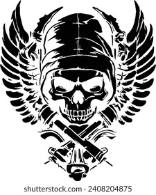 Vector Illustration of Gothic sign with human skull and wings.
