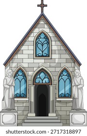 Ilustración vectorial exterior de la capilla de piedra gótica con estatuas, vidrieras arqueadas y entrada central