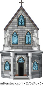 Vector illustration of gothic stone church entrance with statues, stained glass windows, and columns