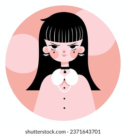 Imagen vectorial de una joven de estilo gótico con cabello negro vestido con chaqueta rosa de cuello, pendiente de calabaza, aretes de murciélago. Concepto de fiesta nocturna de Halloween. Chica de vampiros. Estilo plano.