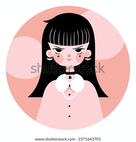 Vector illustration of Gothic style young woman with black hair dressed in pink jacket with collar, pendant with pumpkin, bat earrings. Halloween night party concept. Vampire girl. Flat style.