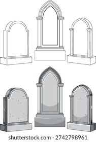 Vector illustration of gothic tombstone designs with arched frames, clean lines, and subtle shading