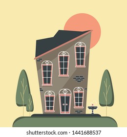 vector illustration of gothic victorian manson, flat building with trees and little fountain