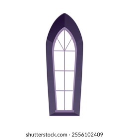 Vector illustration with a Gothic window with an arched frame with elongated glass on a white background. Medieval architecture of castles and cathedrals.