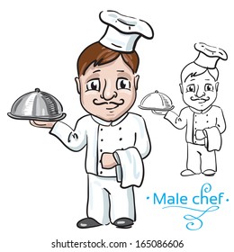Vector illustration of a gourmet chef holding silver platter