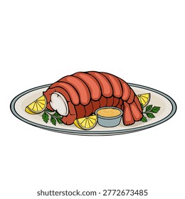 Vector illustration of a gourmet lobster tail served with lemon wedges, parsley, and a dipping sauce on a plate.