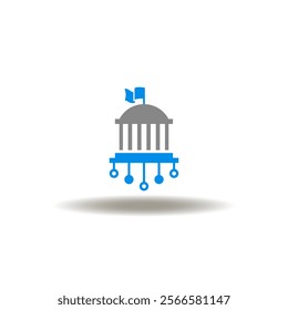 Vector illustration of government building or court with circuit computer pattern. Symbol of digital government. Icon of e-governance.