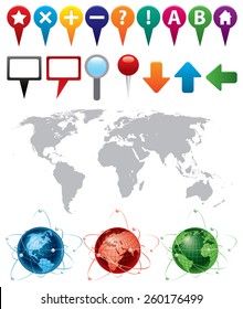 Vector illustration of GPS icons with high detailed world map. Icons and map are on separate layers.