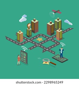 Vector illustration GPS navigation, search for a place on the map via phone or tablet.