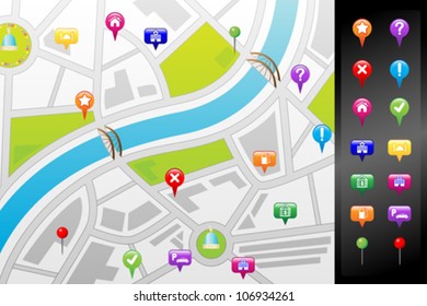 A vector illustration of a GPS street map with usable icons