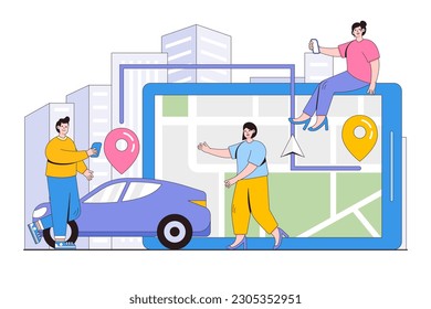 Vector illustration of gps system, cartography display, location on city map, navigation in smartphone or tablet and path is paved to the car with people characters.