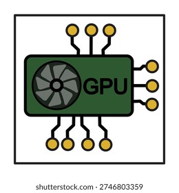 Vector illustration of GPU chip icon with fan and circuits. Perfect for IT, technology, hardware, and digital design themes.