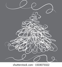 Vector illustration of a graceful hand drawn Christmas tree with a top in the form of a profile of the head of a mouse made by smooth lines and curls. EPS 8.