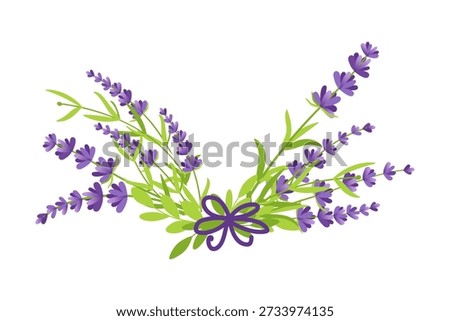 Vector illustration of a graceful lavender bouquet adorned with purple flowers and lush green leaves, tied together with a delicate purple ribbon on a white background.