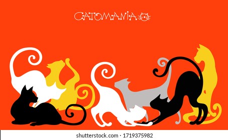  Ilustración vectorial. Siluetas elegantes de gatos de fondo rojo.
