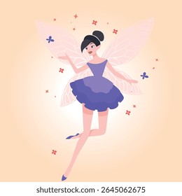 Ilustração vetorial de uma fada minúscula e graciosa em voo rodeada por elementos de estrelas. Cartoon personagem de fadas para crianças.
