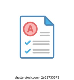 Vector illustration of a graded document showing an A and check marks. Simple style.