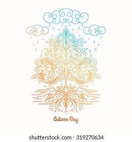 Vector illustration. Gradient autumn pattern. Tree in the rain. Decorative leaves, birds and soil.