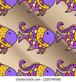 Vector illustration. Gradient cute pattern with a different tropical fish on beige, violet and gray.