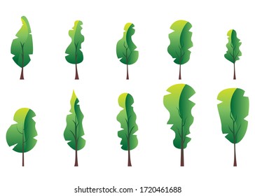 Vector illustration of a gradient green and yellow tree bundle, flat design tree for winter, summer, spring, autumn.