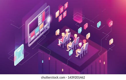 Vector illustration gradient isometric business presentation slide research graph infographic design learning study education work display audience viewer listener screen sale icon advertising politic