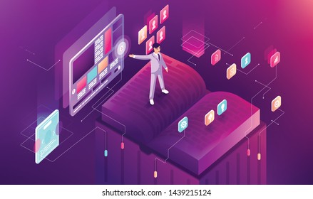 Vector illustration gradient isometric business presentation slide book research graph infographic design learning study education work speaker speech orator speechmaker display screen sale training