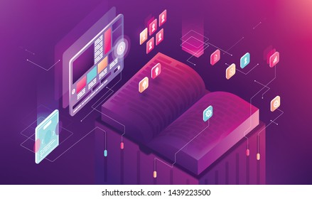Vector illustration gradient isometric business presentation slide research book graph infographic design learning study education work display information technology training screen sale advertising