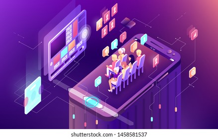 Vector illustration gradient isometric business presentation smart phone mobile research infographic design learning study education work display audience viewer listener screen sale icon advertising