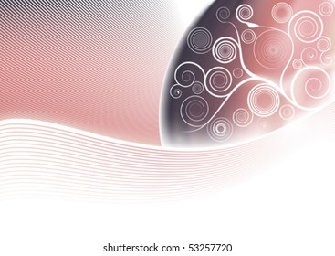 Vector illustration of a gradient mesh glowing planet with modern floral spirals and lined art style waves.