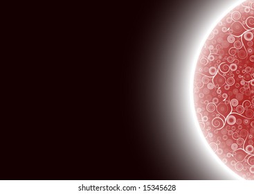 Vector illustration of a gradient mesh planet in the left with modern floral spirals covering it. Bright planet horizon fading into black. Copy space for design elements.