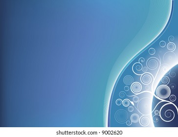 Vector illustration of a gradient mesh planet in the corner with modern floral spirals and lined art style waves. Copy space for design elements.